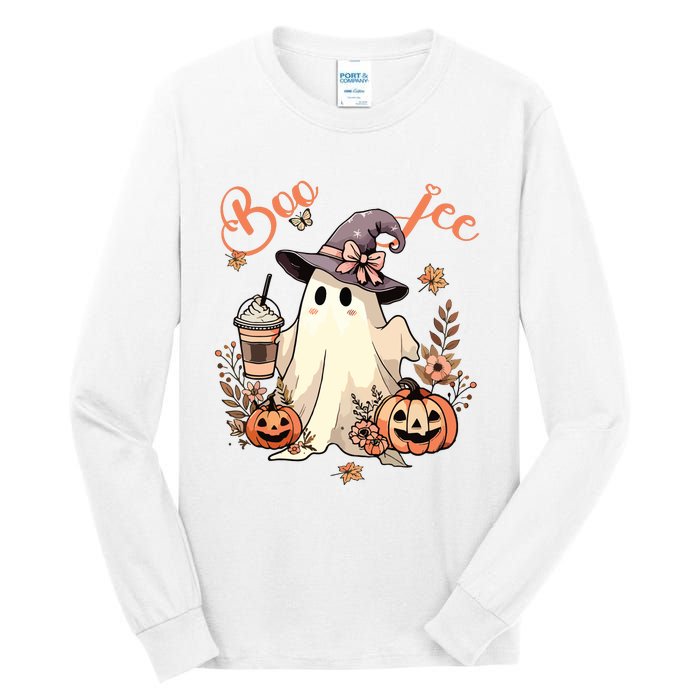 Boo Jee Ghost Drinking Coffee Coquette Bow Halloween Women Tall Long Sleeve T-Shirt