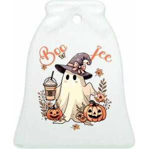 Boo Jee Ghost Drinking Coffee Coquette Bow Halloween Women Ceramic Bell Ornament