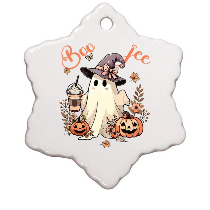 Boo Jee Ghost Drinking Coffee Coquette Bow Halloween Women Ceramic Star Ornament