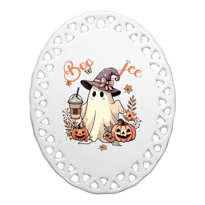 Boo Jee Ghost Drinking Coffee Coquette Bow Halloween Women Ceramic Oval Ornament