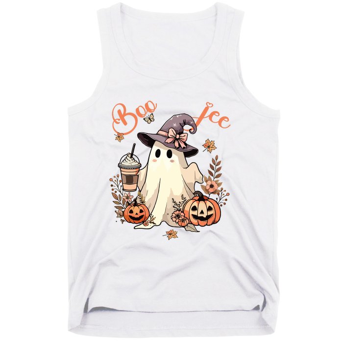 Boo Jee Ghost Drinking Coffee Coquette Bow Halloween Women Tank Top