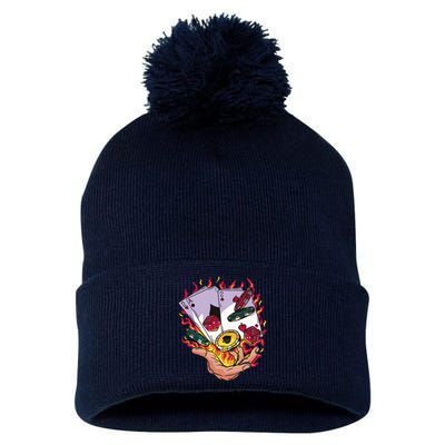 Black Jack Hand Poker Pom Pom 12in Knit Beanie