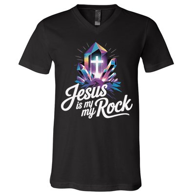 Biblical Jesus Is My Rock Christian V-Neck T-Shirt