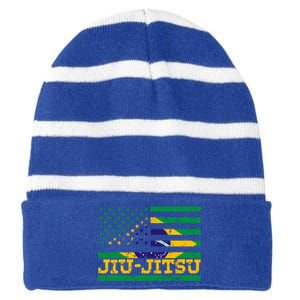 Brazilian Jiu Jitsu American Flag Us Sports Meaningful Gift Striped Beanie with Solid Band