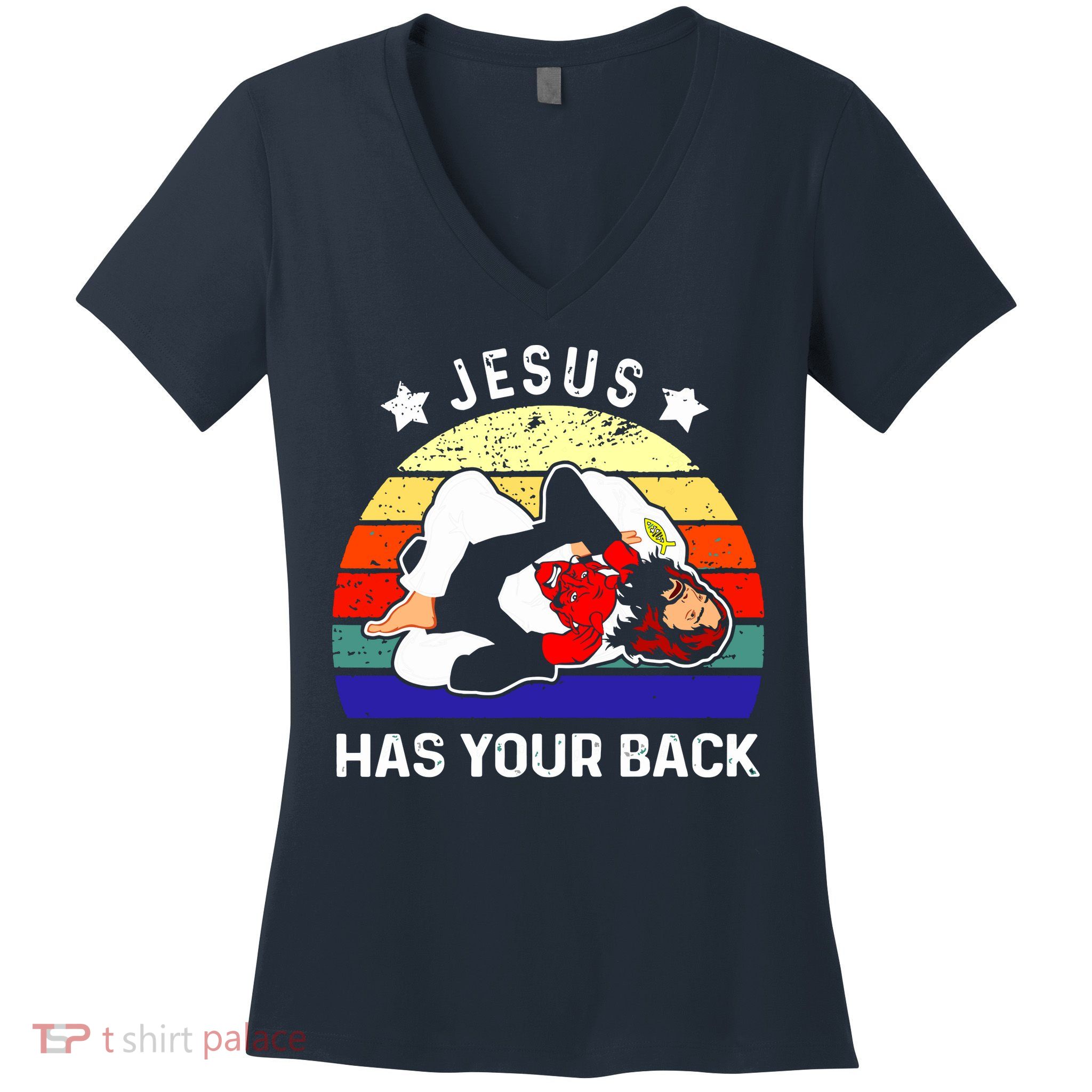 Brazilian Jiu Jitsu Jesus Has Your Back Women's V-Neck T-Shirt