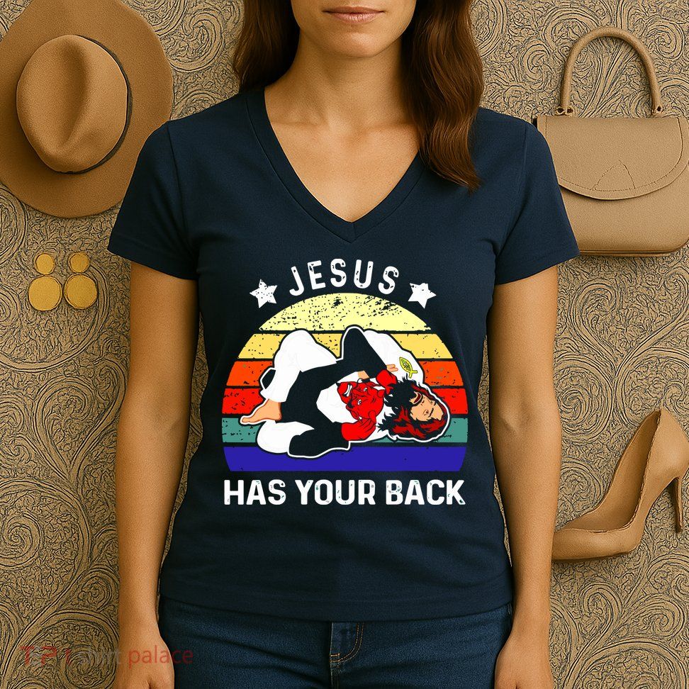 Brazilian Jiu Jitsu Jesus Has Your Back Women's V-Neck T-Shirt