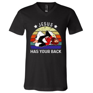 Brazilian Jiu Jitsu Jesus Jesus Has Your Back V-Neck T-Shirt