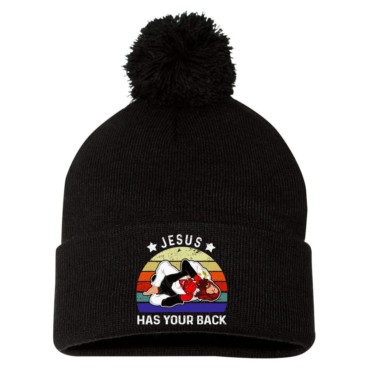 Brazilian Jiu Jitsu Jesus Jesus Has Your Back Pom Pom 12in Knit Beanie