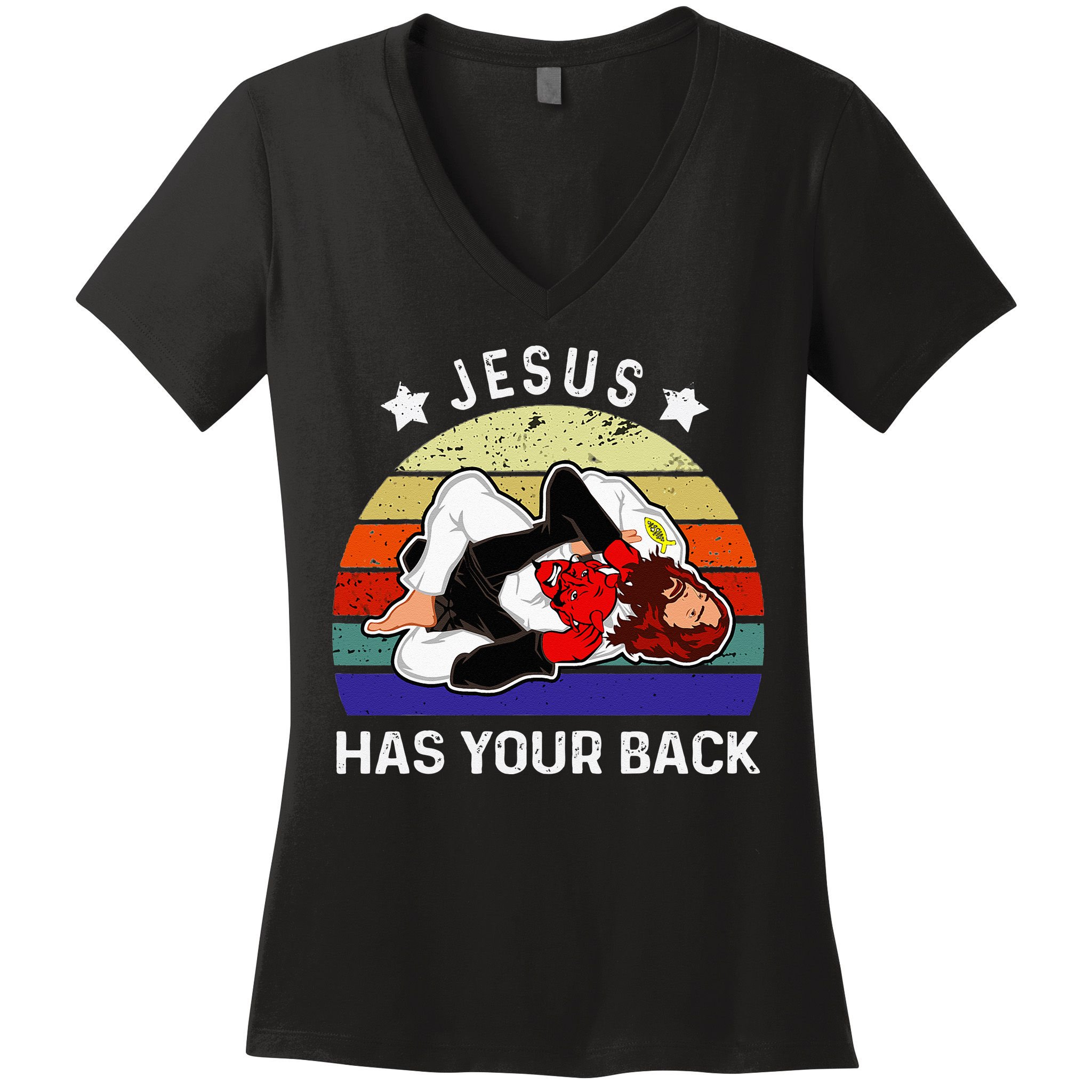 Brazilian Jiu Jitsu Jesus Jesus Has Your Back Women's V-Neck T-Shirt