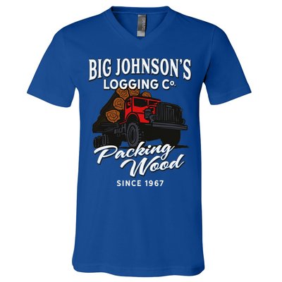 Big JohnsonS Logging Co. Packing Wood Funny Logger V-Neck T-Shirt