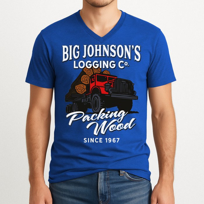Big JohnsonS Logging Co. Packing Wood Funny Logger V-Neck T-Shirt