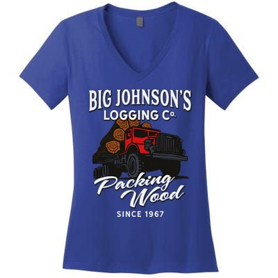 Big JohnsonS Logging Co. Packing Wood Funny Logger Women's V-Neck T-Shirt