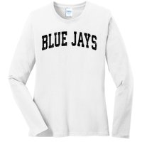 Blue Jays Mascot Vintage Athletic Sports Name Design V Neck Ladies Long Sleeve Shirt