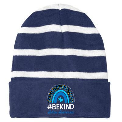 Be Kind Autism Awareness Puzzle Rainbow Striped Beanie with Solid Band