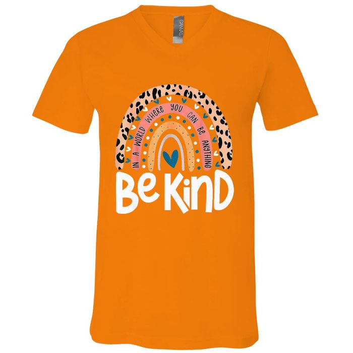 Be Kind Anti Bullying Orange Unity Day Leopard Raibow V-Neck T-Shirt