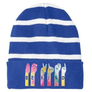 Be Kind Asl Alphabet American Sign Language Gift Striped Beanie with Solid Band