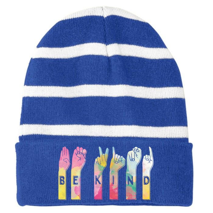 Be Kind Asl Alphabet American Sign Language Gift Striped Beanie with Solid Band