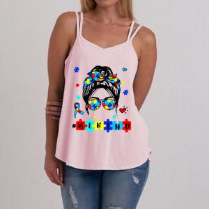 Be Kind Autism Awareness Messy Bun Proud Autism Mom Life Gift Women's Strappy Tank