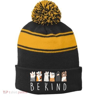 Be Kind Asl Sign Language Kindness Cat Paws Finger Signs Stripe Pom Pom Beanie