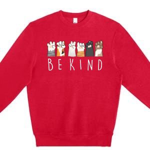 Be Kind Asl Sign Language Kindness Cat Paws Finger Signs Premium Crewneck Sweatshirt