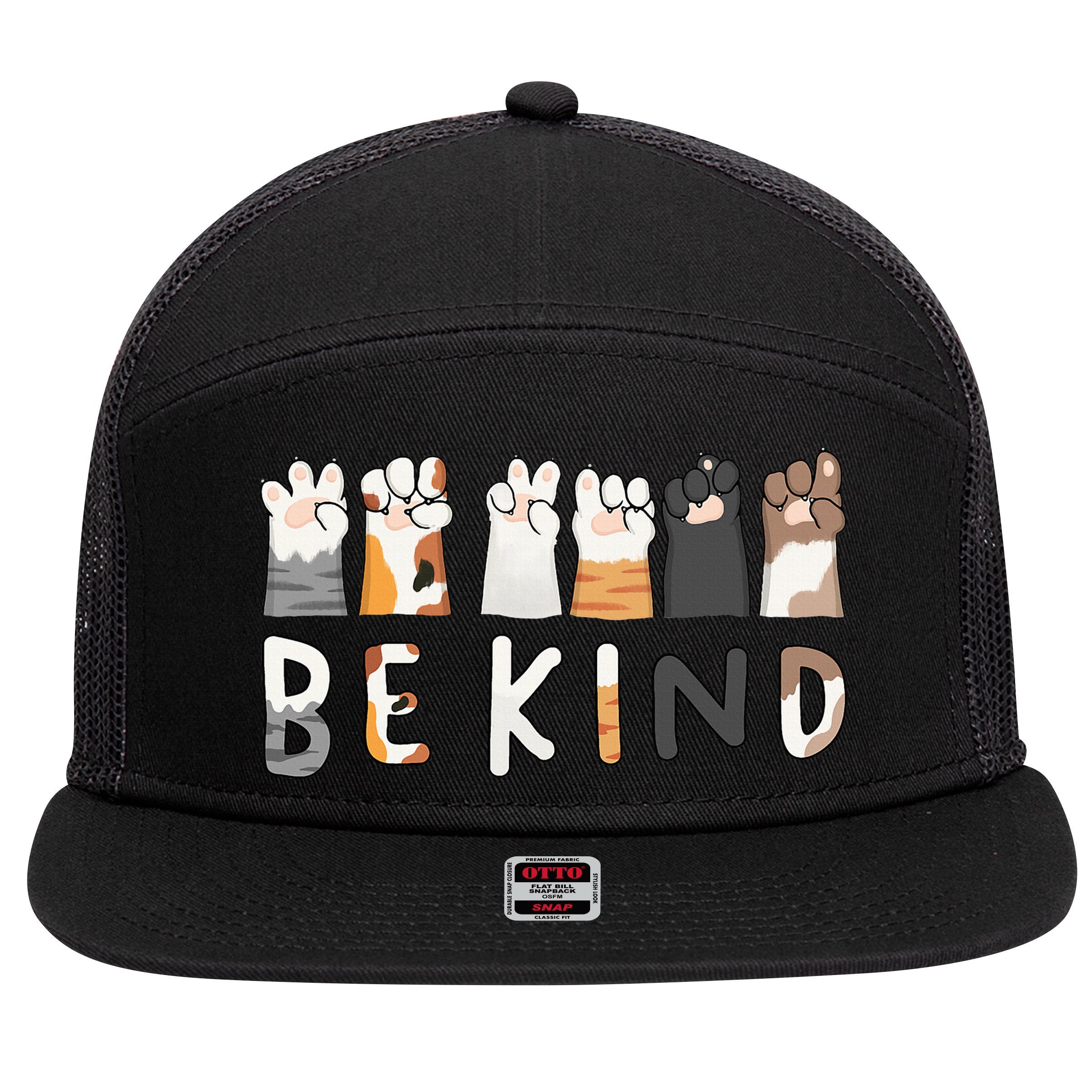 Be Kind ASL Sign Language Kindness Cat Paws Finger Signs 7 Panel Mesh Trucker Snapback Hat