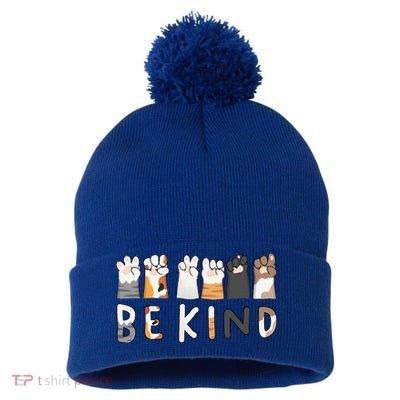 Be Kind ASL Sign Language Kindness Cat Paws Finger Signs Pom Pom 12in Knit Beanie