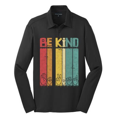 Be Kind Asl Tee Retro Sign Language Teacher Interpreter Bday Gift Silk Touch Performance Long Sleeve Polo