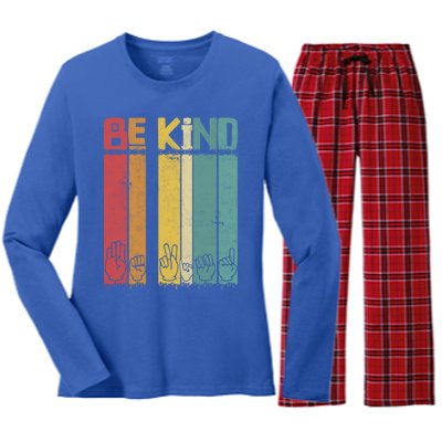 Be Kind Asl Tee Retro Sign Language Teacher Interpreter Bday Gift Women's Long Sleeve Flannel Pajama Set 