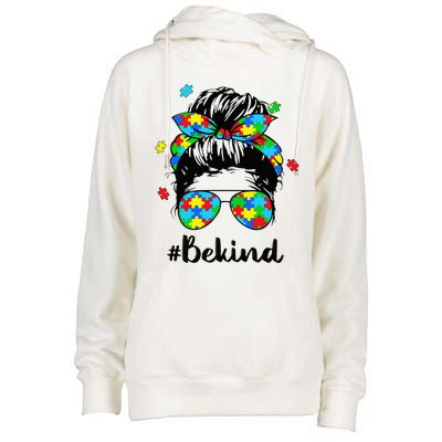 Be Kind Autism Awareness Messy Bun Woman Womens Funnel Neck Pullover Hood