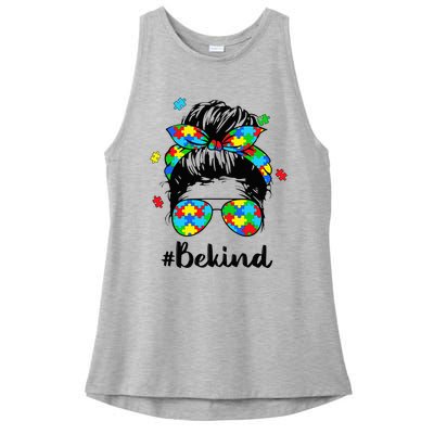 Be Kind Autism Awareness Messy Bun Woman Ladies PosiCharge Tri-Blend Wicking Tank