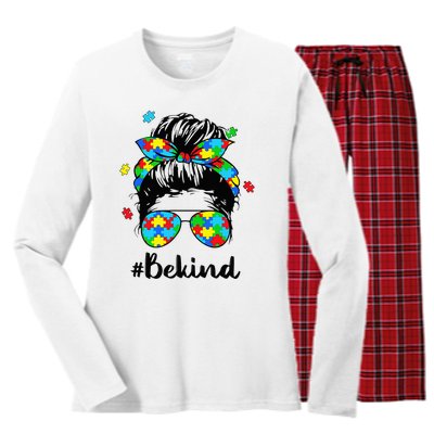 Be Kind Autism Awareness Messy Bun Woman Women's Long Sleeve Flannel Pajama Set 