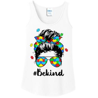 Be Kind Autism Awareness Messy Bun Woman Ladies Essential Tank