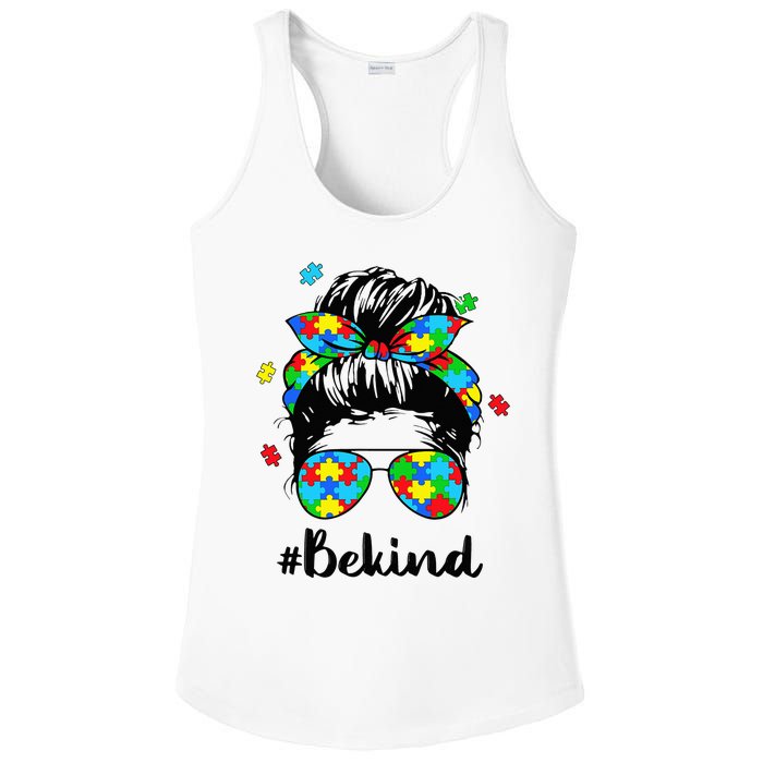 Be Kind Autism Awareness Messy Bun Woman Ladies PosiCharge Competitor Racerback Tank