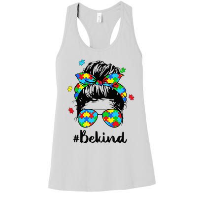 Be Kind Autism Awareness Messy Bun Woman Women's Racerback Tank