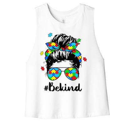 Be Kind Autism Awareness Messy Bun Woman Women's Racerback Cropped Tank