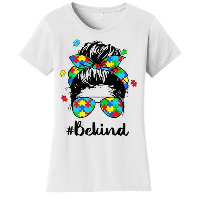 Be Kind Autism Awareness Messy Bun Woman Women's T-Shirt