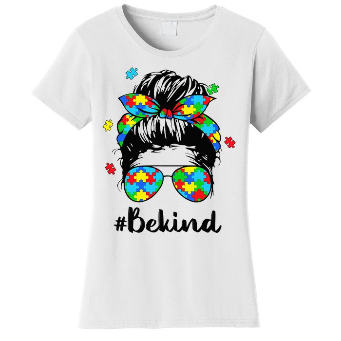 Be Kind Autism Awareness Messy Bun Woman Women's T-Shirt