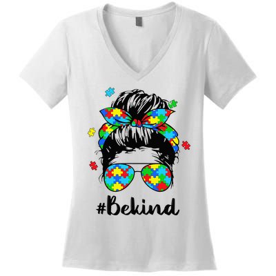 Be Kind Autism Awareness Messy Bun Woman Women's V-Neck T-Shirt