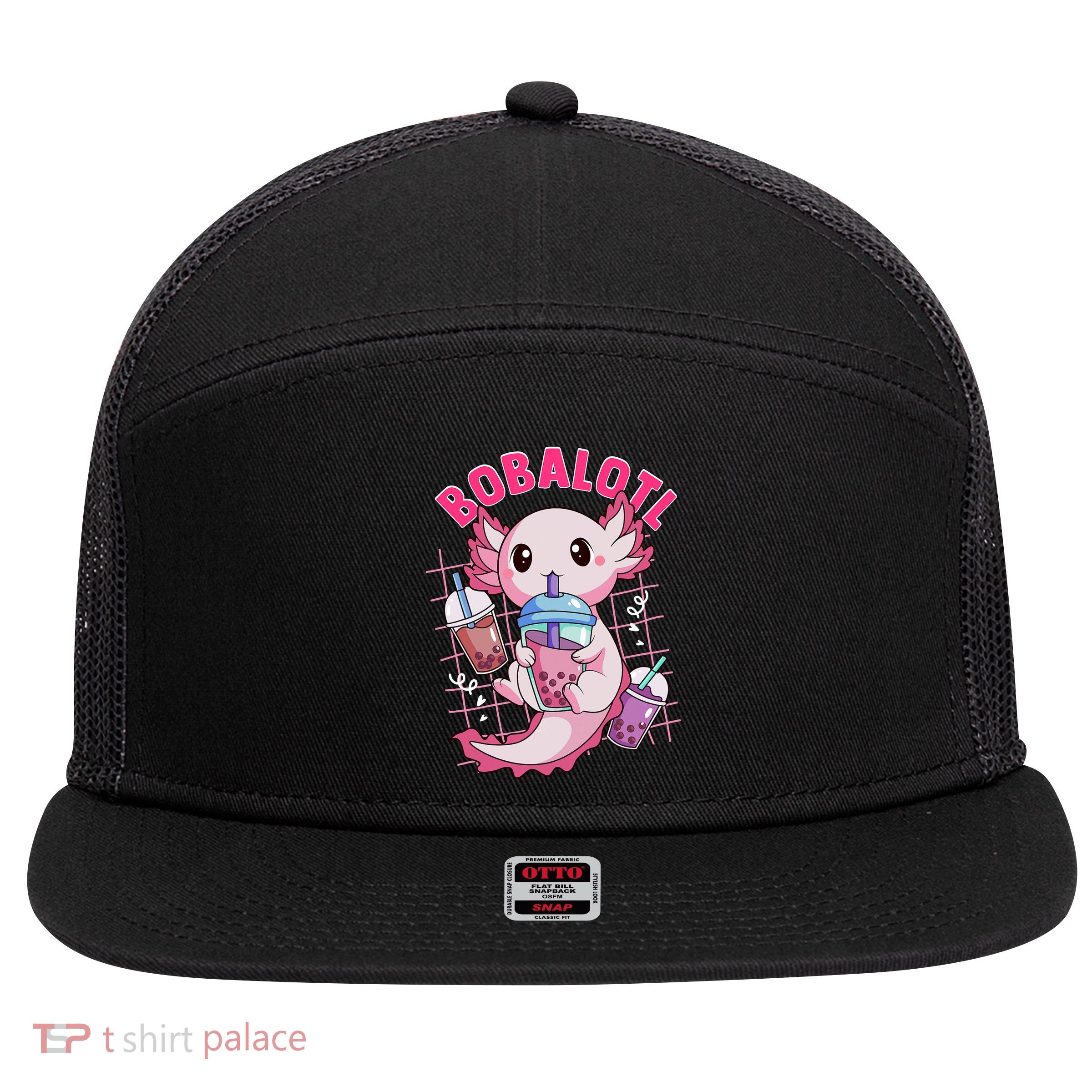 Bobalotl Kawaii Axolotl Drinking Boba Tea Pet Axolotl Lover  7 Panel Mesh Trucker Snapback Hat