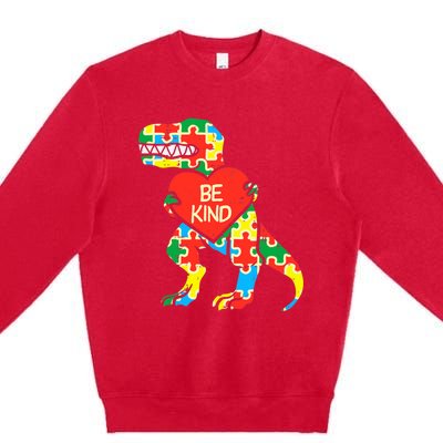 Be Kind Autism Awareness Dinosaur Boy Girl Toddlers Premium Crewneck Sweatshirt