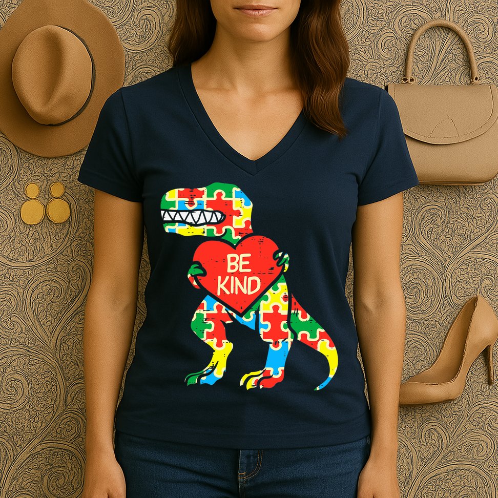 Be Kind Autism Awareness Dinosaur Boy Girl Toddlers Women's V-Neck T-Shirt