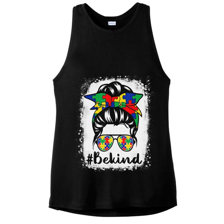 Be Kind Autism Awareness Messy Bun Hair Ladies PosiCharge Tri-Blend Wicking Tank