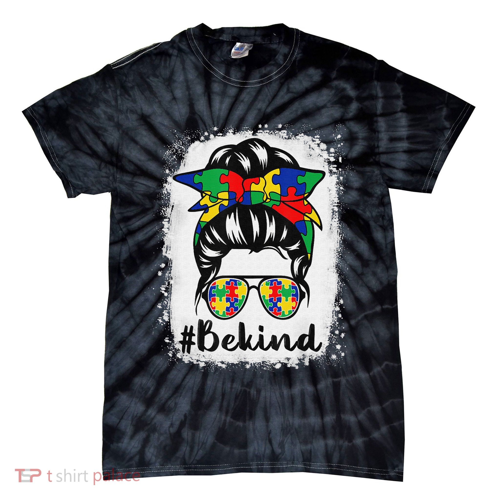 Be Kind Autism Awareness Messy Bun Hair Tie-Dye T-Shirt