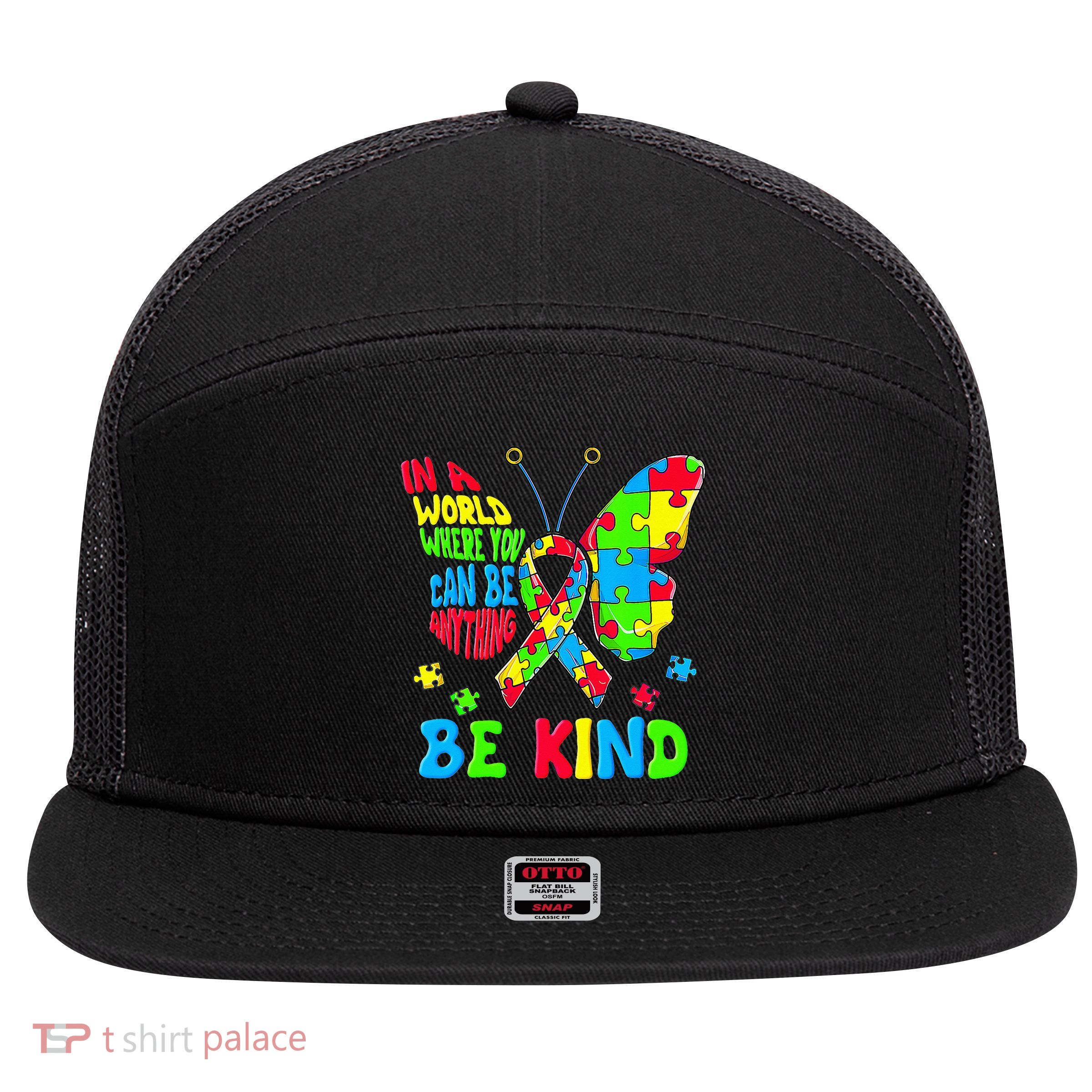 Be Kind Autism Awareness Kindness Puzzle Ribbon Butterfly 7 Panel Mesh Trucker Snapback Hat