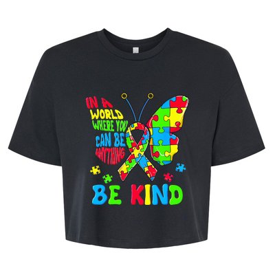 Be Kind Autism Awareness Kindness Puzzle Ribbon Butterfly Bella+Canvas Jersey Crop Tee