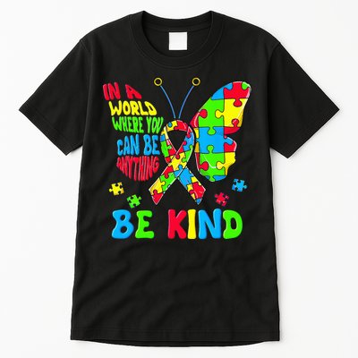 Be Kind Autism Awareness Kindness Puzzle Ribbon Butterfly Tall T-Shirt