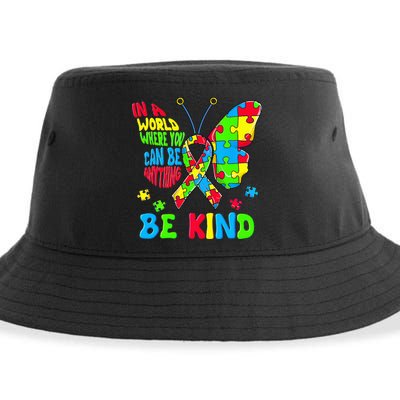 Be Kind Autism Awareness Kindness Puzzle Ribbon Butterfly Sustainable Bucket Hat
