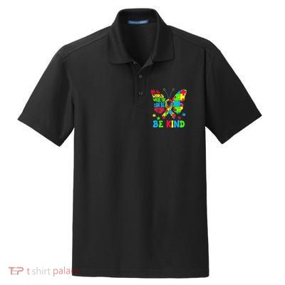 Be Kind Autism Awareness Kindness Puzzle Ribbon Butterfly Dry Zone Grid Polo