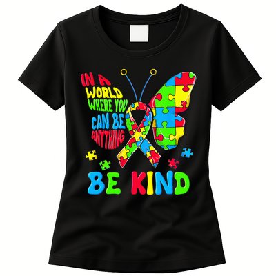 Be Kind Autism Awareness Kindness Puzzle Ribbon Butterfly Womens T-Shirt