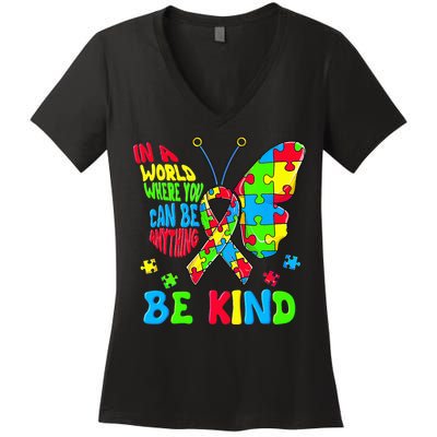 Be Kind Autism Awareness Kindness Puzzle Ribbon Butterfly Women's V-Neck T-Shirt